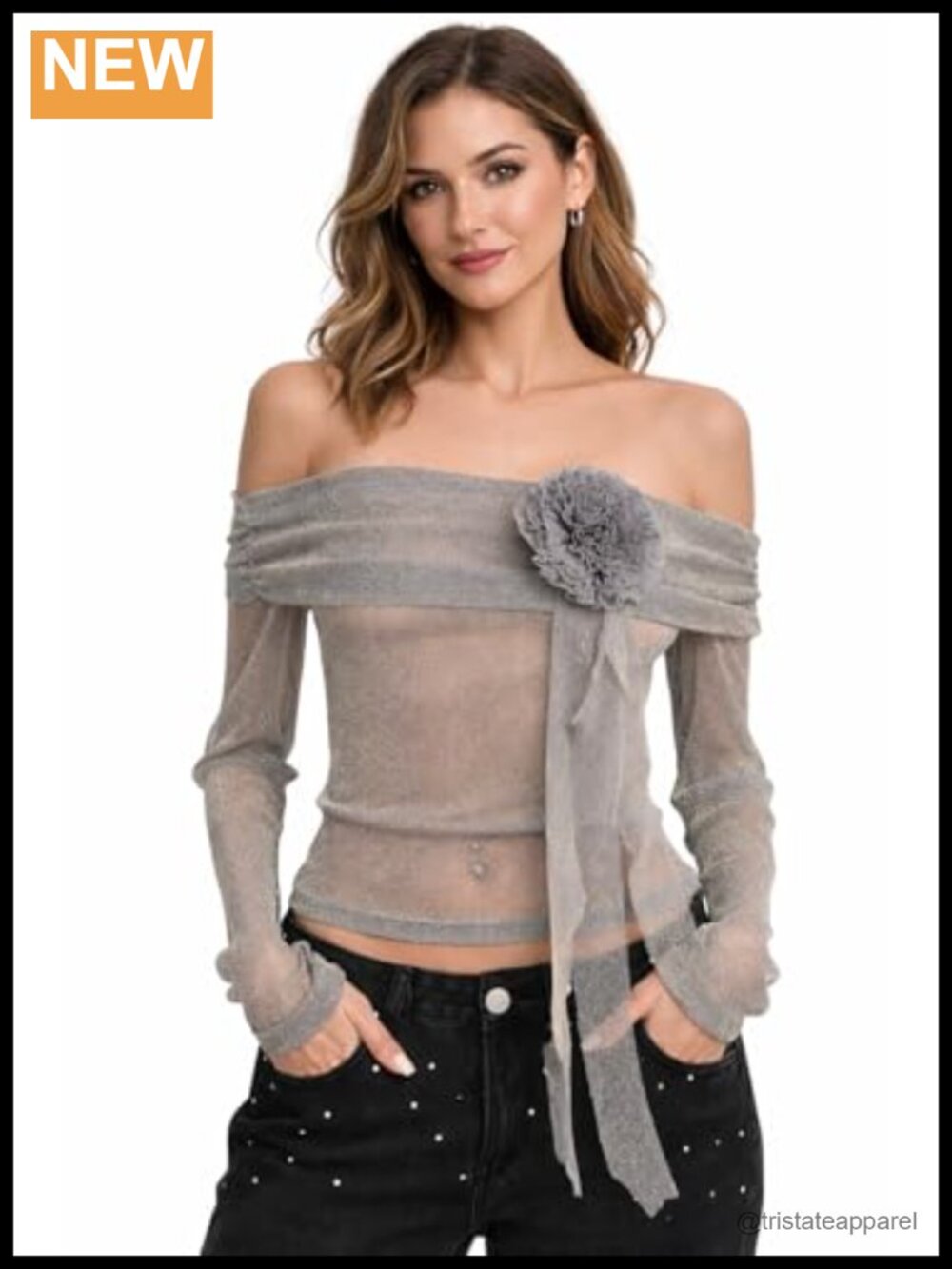 Sheer Metallic Mesh Off-Shoulder Crop Top with 3D Floral Applique Long Sleeve